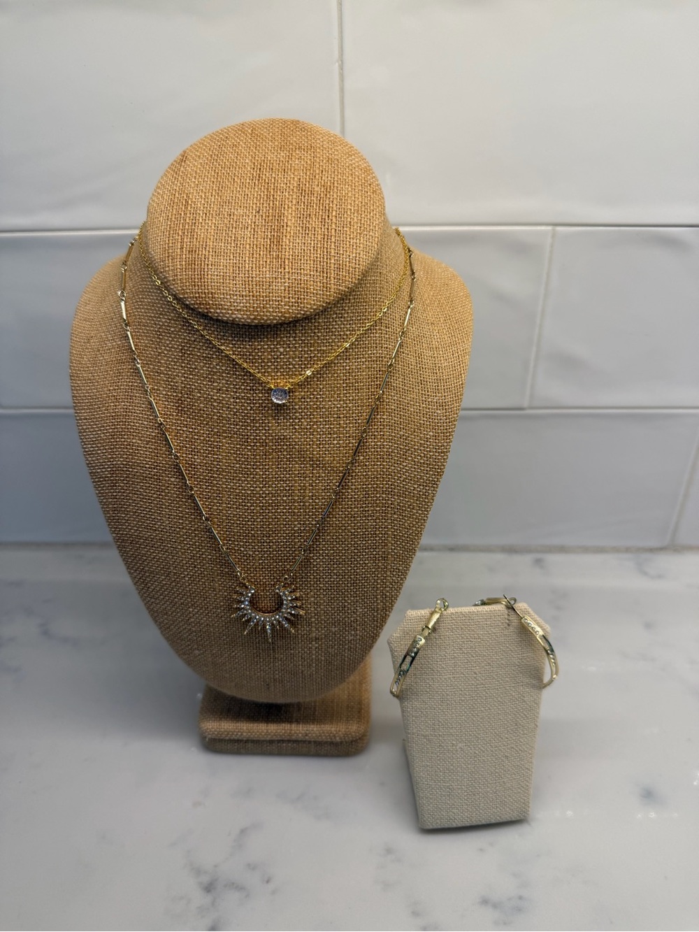 Gold Layered Sunburst Pendant Necklace and Hoop Earrings Set